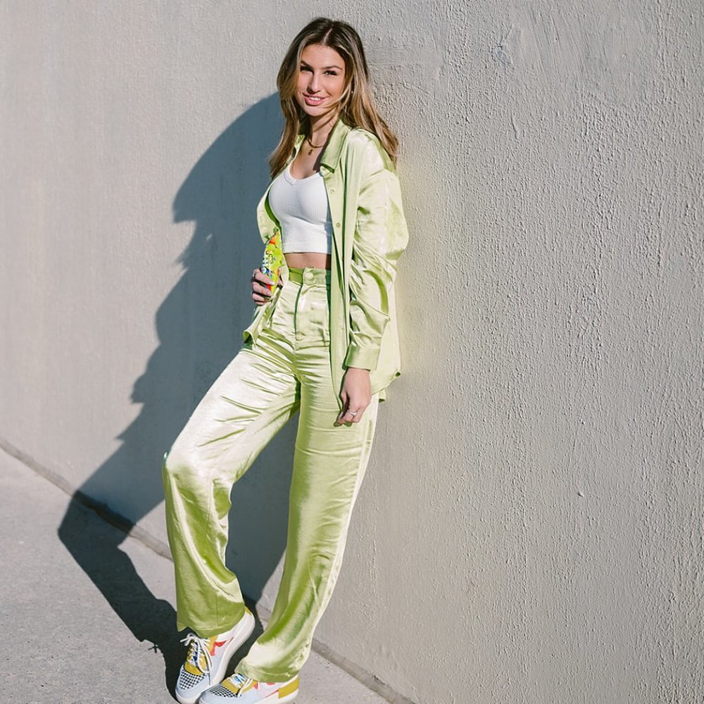 satin two piece pant and button long sleeve top set
